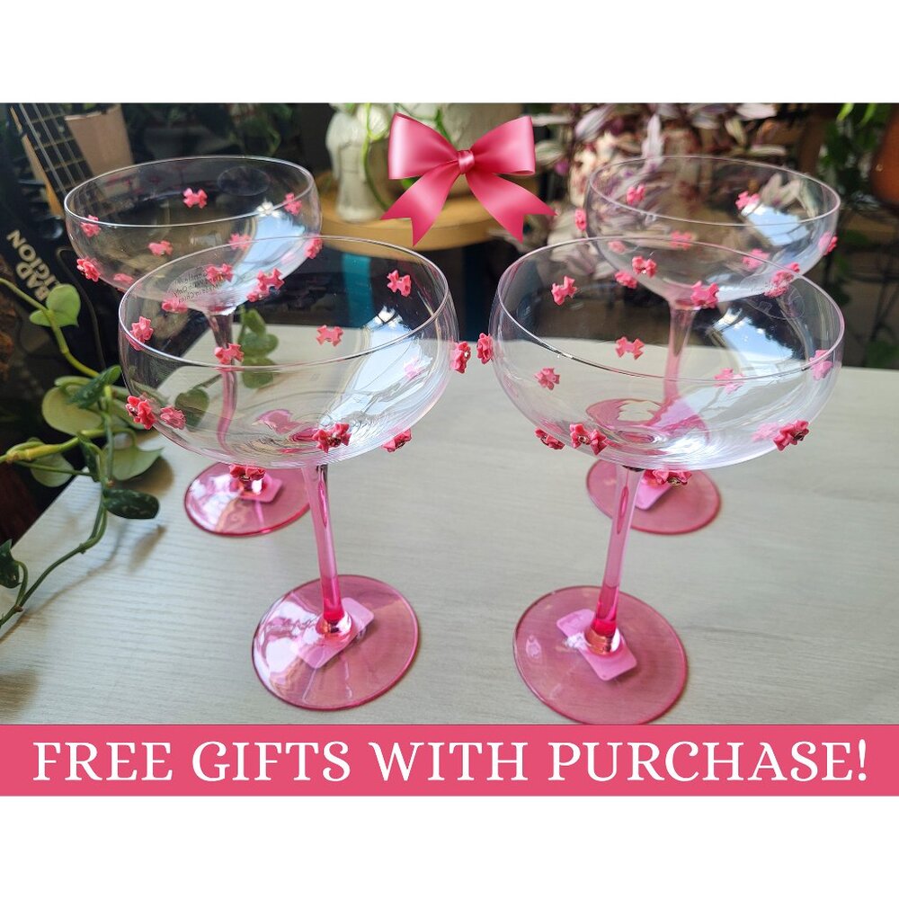 🎀 Pink Bow Wine/Cocktail Glasses Free Gifts with purchase - Picture 1 of 4